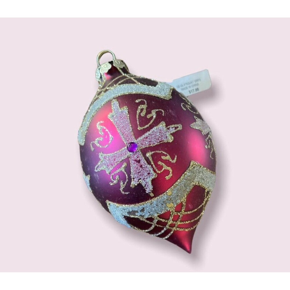 Holiday lane Macy's beautiful burgundy 6"squat drop ornament w cross
